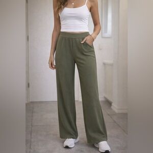 NWT Olive Green Wide Leg Pants Pull On High Rise Casual Lounge S/petite